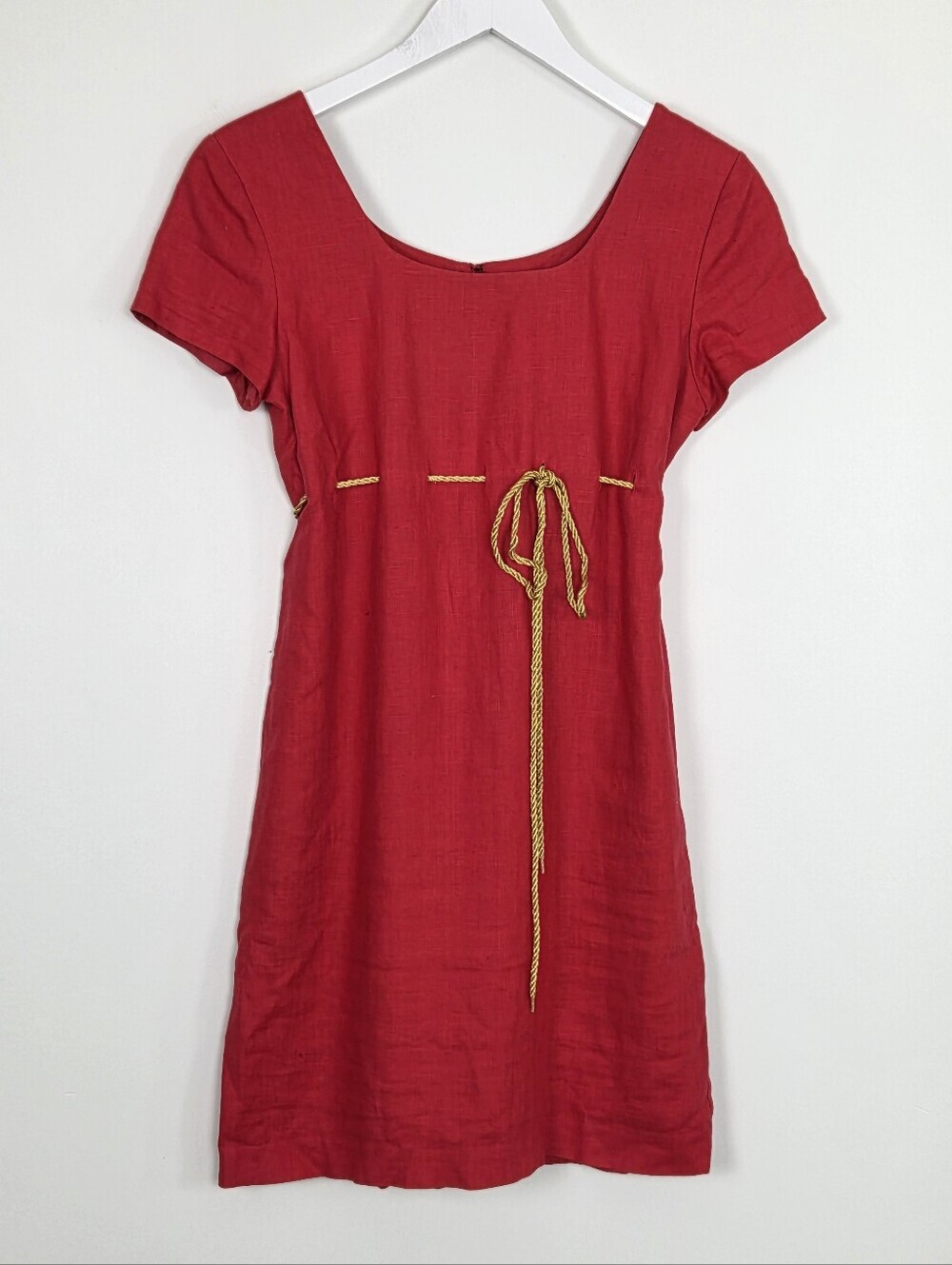 Bloomingdale's Petite Womens Sz 6 Red Linen Gold Rope Belted Lined Vintage Dress